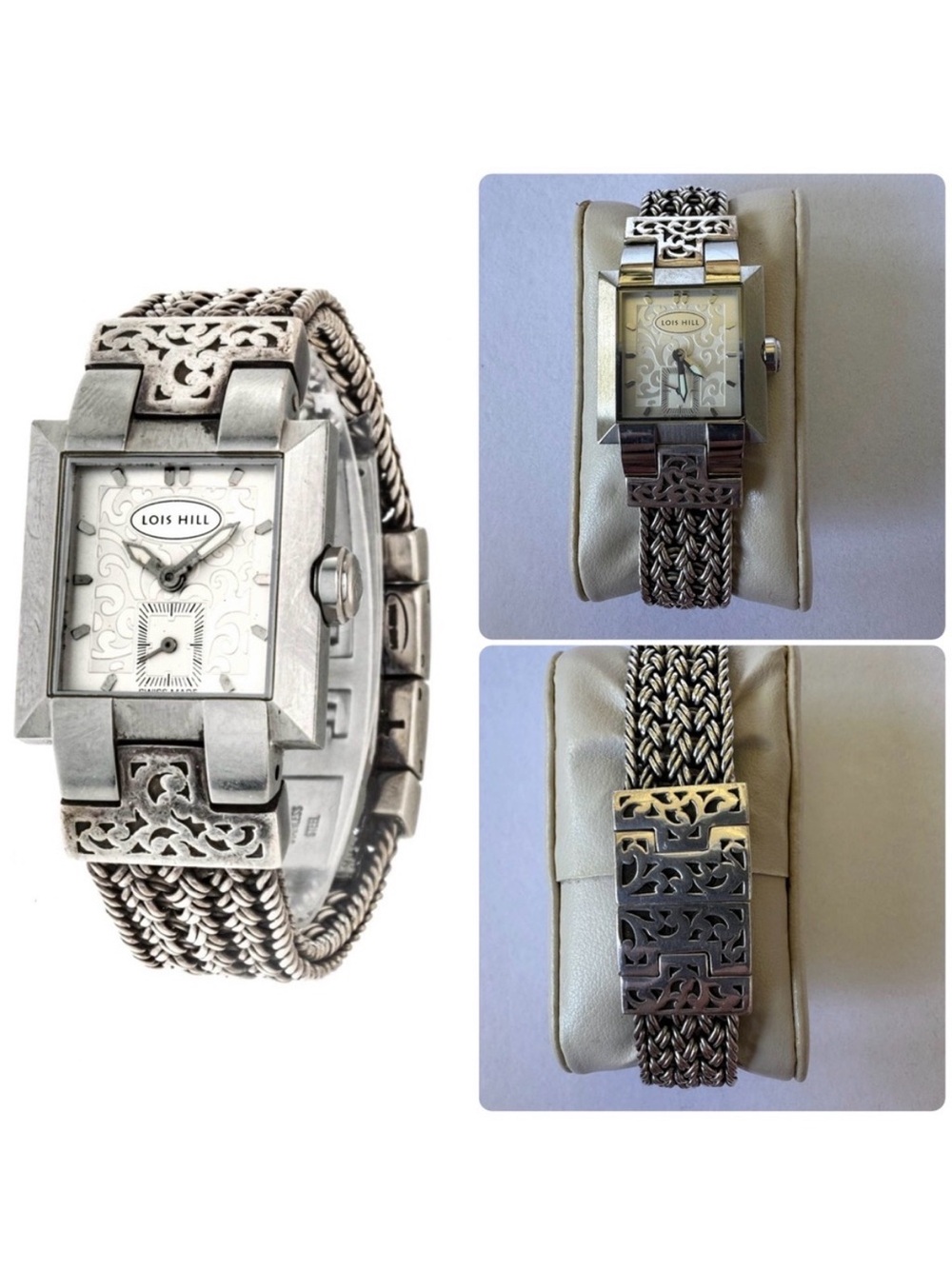 Lois Hill Sterling Silver Fleur De Lis 
 Wheat Weave Women Swiss Made Watch 8.5